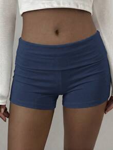 Summer Women's Y2K Style Striped Shorts, Low Waist Foldable Waistband Design, Perfect For Casual, Home, Street And Daily Commute - Navy Blue - View 2
