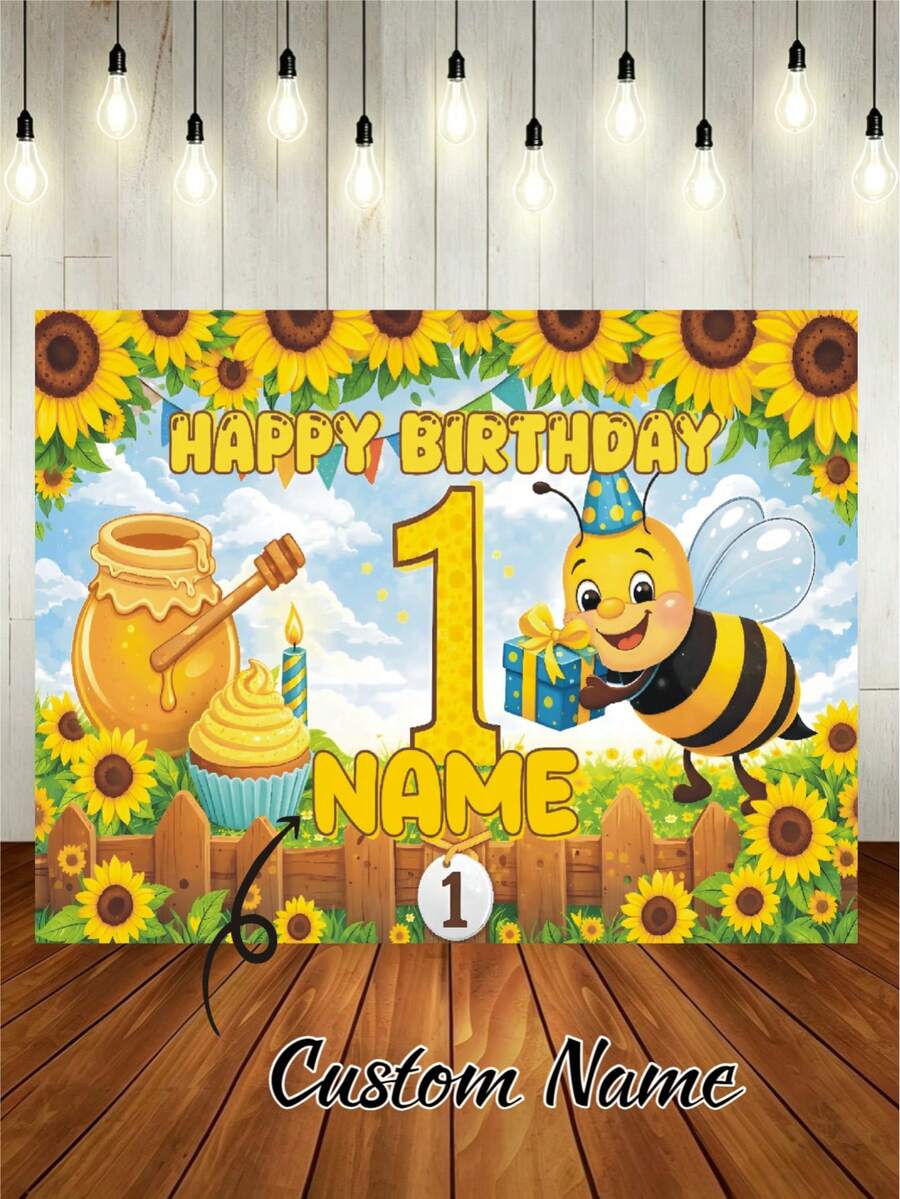 1件可客製化姓名卡通向日葵與蜜蜂主題1歲生日快樂背景布,包含藍天、草地、向日葵、蜂蜜罐與蛋糕設計,適用於蜜蜂主題1歲生日派對、蛋糕砸碎裝飾與攝影 - 黃色 - 查看 1