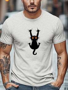 Camiseta Casual para Hombre con Estampado de Gato de Dibujos Animados |   Cuello Redondo, Tela Ligeramente Elástica, Corte Regular, Temporada de Verano - Blanco - Ver 4