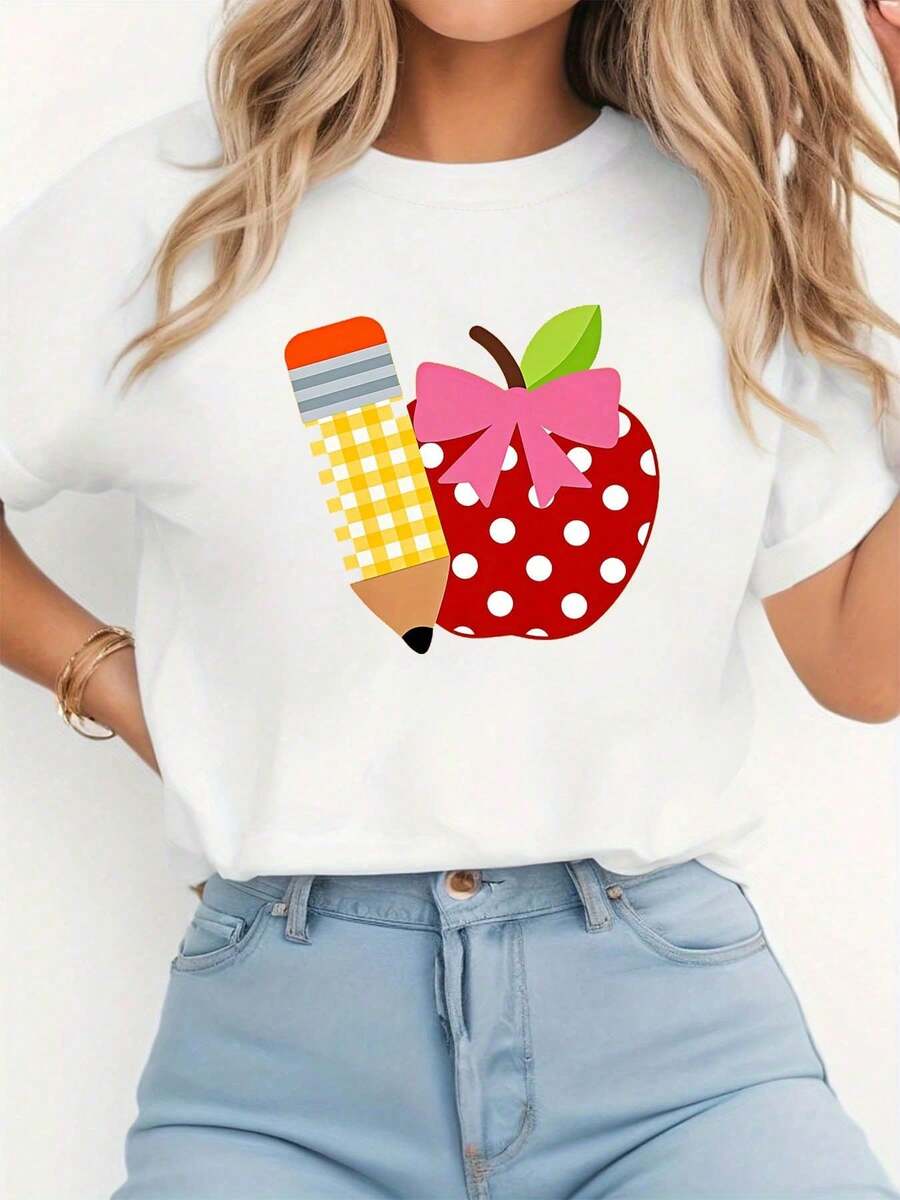 Women's Printed T-Shirt, Lightweight, Breathable, Comfortable, And Versatile. 100% Cotton, Cool And Airy, Machine Washable. Stylish Summer Wear With A Modern, Urban Feel. - 白色 - 查看 1