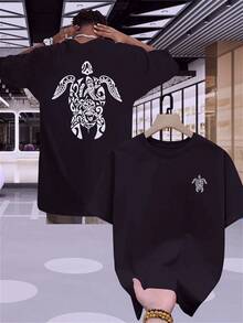 Camiseta de manga corta casual de verano para hombre, con estampado de tortuga en la parte delantera y trasera - Corte regular, cuello redondo, camiseta transpirable, adecuada para uso casua - Blanco - Ver 6