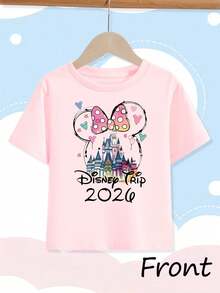Disney Girls' Short Sleeved T-ShirtCute Disney Theme Men's T-Shirt With Minnie Mouse Ears Castle And Hearts Design For Summer Vacation Trip 2026 Perfect Gift For Disney Fans And Family Travelers - 粉色 - 查看 2