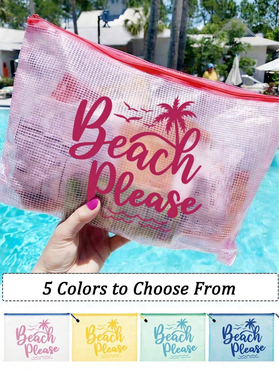 防水時尚沙灘包，印有「Beach Please」文字、棕櫚樹、海鳥和波浪圖案。大容量透明化妝包配尼龍拉鍊，輕便，春/夏收納，適合游泳、沙灘、潛水和夏季度假旅行，學生返校使用。輕便防曬收納包，適合送給朋友、家人、閨蜜、同學的禮物。生日、節日、派對、婚禮（伴娘）的完美禮物和紀念品，郵輪必備，夏季度假禮物