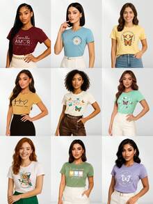 Kit 5 T-shirt Feminina Blusa Baby Look Camiseta Blusinha - Multicolorido - Visão 10