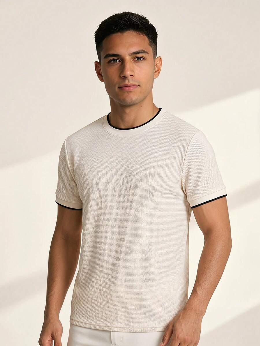 Driftmere Men's Contrast Color Round Neck Short Sleeve Casual Versatile T-Shirt - Beige - View 1