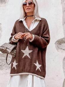 Plus Size Women's Star Pattern Casual Versatile Daily Wear Long Sleeve Sweater - Brown - View 2