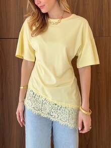 Plus Size T-Shirt New Fashion Contrast Lace Knit Long Asymmetrical Hem Top Beach Casual Holiday School Birthday Party Yellow Summer - Yellow - View 3