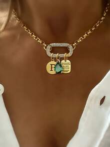 1PC Gold Oval A-Z Letter Necklace With Pendant Green Diamond Letter Chain, Unique Luxury Style, Suitable For Women's Daily Work Decoration - Yellow Gold - View 12
