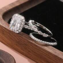 3 Pieces Set Of Light Luxury Cubic Zirconia Inlaid Rings, Suitable For Anniversary Wear, Daily Commute, And Layering For A Textured Look - Silver - View 6