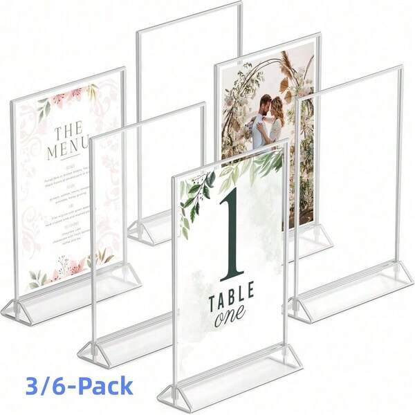 3/6 Pieces 4x6 "/5x7"/6x8"/8.5x11"Clear Acrylic Sign Holder With Silver Borders And Vertical Stand, Double Sided Table Menu Holders Picture Frames For Wedding Table Numbers, Restaurant Signs, Photos And Art Display