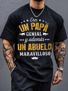 Camiseta de manga corta para hombre con estampado de padre y abuelo español, cuello redondo, refrescante y cómoda en verano, hecha de algodón puro, adecuada para actividades al aire libre. - Negro - Ver 1