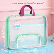 1pc 3-Layer Thickened Transparent Mesh Horizontal Tote Bag, 180° Wide Opening Book Storage Bag With Front Zipper Pen Pouch, Large Capacity Student School Tote, Portable Subject Classification Document Organizer - Single Piece - View 7