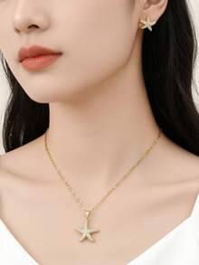 1 pieza Collar colgante elegante y exquisito de mujer con estrella de mar de acero inoxidable con circonita cúbica y strass completo, 1 pieza de pendientes de botón elegantes y exquisitos de mujer con estrella de mar de acero inoxidable con circonita cúbica y strass completo, adecuado para uso diario de mujer, vacaciones en la playa, playa de verano, reuniones, fiestas, regalos, regalo de cumpleaños para amigos, joyería de oro, disponible todo el año - Amarillo Oro - Ver 2