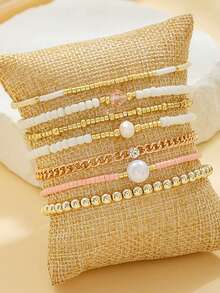 7pcs Delicate Pink & Gold Beaded Chain Multi-Layer Adjustable Stacking Bracelets Set, Jewelry Gifts For Friends, Suitable For Daily Wear, Party - Multicolor - View 2