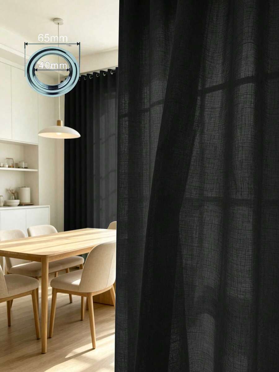 1pc/2pcs Linen Look Sheer Curtains Faux Linen Textured Semi Sheer Window Curtain Panels For Living Room Bedroom,Faux Linen Sheer Curtains Light Filtering Textured Linen Blended Curtain Drapes For Home Decor - Black - View 1