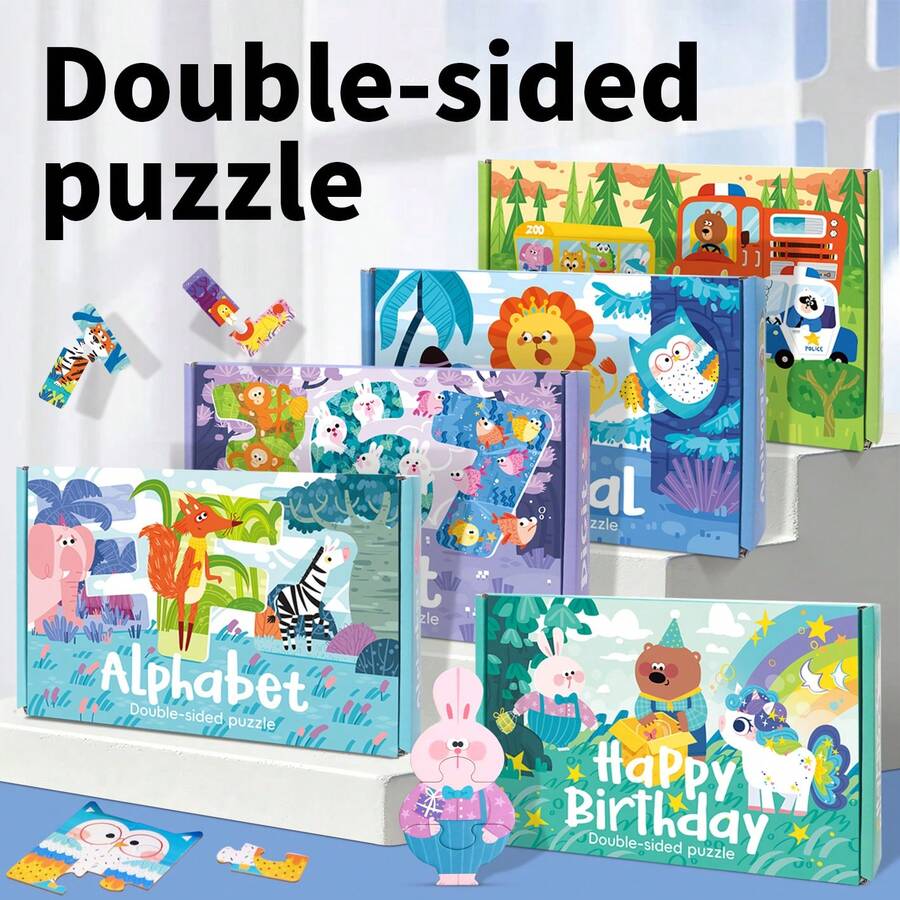 1 Set Double-Sided Double-Pattern Cartoon Puzzle, Animal, Transportation, Letter, Birthday, Multiple Patterns, Baby Hands-On Assembly, Picture Recognition, Early Education Desktop Toy