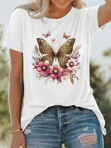 Fashionable Women's Clothing, Women's T-Shirts, Fashion Clothing, Parties, Campus, Travel, Leopard Print With Butterflies And Flowers - 黑 - 查看 1