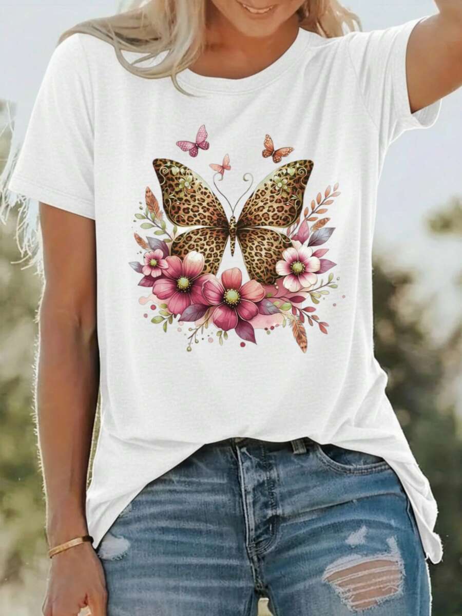 Fashionable Women's Clothing, Women's T-Shirts, Fashion Clothing, Parties, Campus, Travel, Leopard Print With Butterflies And Flowers - 黑 - 查看 1