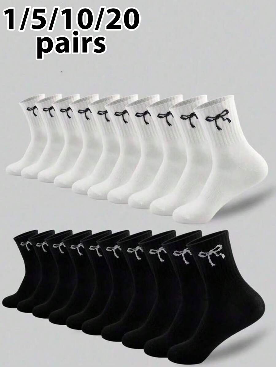 20 Pairs Unisex Classic Bowknot Pattern Breathable Moisture-Wicking Mid-Calf Socks, Soft Casual Sports Socks, Suitable For Daily Wear - Black and White - View 1