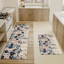 1pc Floral Linen Rubber Kitchen Mat, Bathroom Mat, Door Mat And 2D Printed Rectangular Rug, Suitable For Living Room, Bedroom, Hallway, Bathroom And Laundry Room, Suitable For Indoor And Outdoor Home Decor - Multicolor - View 1