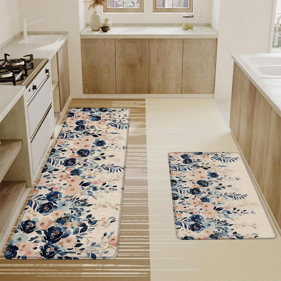 1pc Floral Linen Rubber Kitchen Mat, Bathroom Mat, Door Mat And 2D Printed Rectangular Rug, Suitable For Living Room, Bedroom, Hallway, Bathroom And Laundry Room, Suitable For Indoor And Outdoor Home Decor - Multicolor - View 1