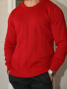 Men's Knitted Sweater Top Chic High Quality Textured Autumn Winter Long Sleeve - 紅色 - 查看 9