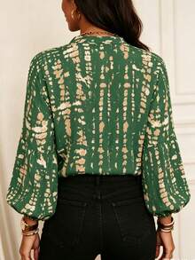 Chemise d'été/printemps pour femmes à imprimé tout-sur-tout - manches lanternes élégantes, col boutonné, polyester léger, chemise d'été à imprimé tout-sur-tout - Vert - Voir 4