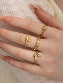 4pcs Fashion Minimalist Stainless Steel Women's Ring Set With Rabbit, Honeycomb, Polygon, Geometric Heart Designs, Suitable For Daily, Holiday, Date, Engagement, Wedding, Party - Gold - View 5