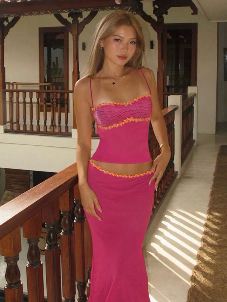 Women'S Chiffon Lace Vest And Skirt Set, High-Saturation Rose Pink Sundress Beach Suit, Suitable For Beach Vacations, Commuting, Holidays, Dates. - 玫紅色 - 查看 1