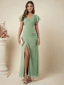 Dresses For WomenBelle Butterfly Sleeve Split Thigh Wrap Bridesmaid Dress Wedding Guest Dress Elegant Dressdresses - 薄荷綠 - 查看 1