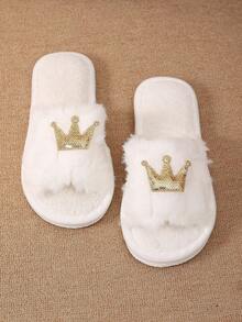 Pantuflas de casa estilo princesa con diseño de corona, abiertas de punta, de felpa, cálidas y cómodas, sandalias tipo slide de piel sintética para mujer - Dorado - Ver 5