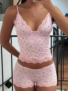 Conjunto de Pijama de Dos Piezas para Mujer, Ropa de Dormir de Verano, Camisola sin Mangas con Encaje Floral Rosa y Pantalones Cortos Ajustados - Rosa - Ver 4