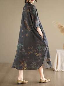 AZAH Halloween Elegant Ball 女款大尺碼夏季中長洋裝，植物印花，短袖圓領，休閒寬鬆版型，附口袋，無彈性梭織布料 - 灰色 - 查看 5