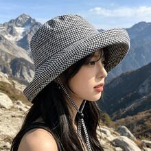 Women's Black And White Plaid Bucket Hat, Fashionable Spring Sun Hat, Lightweight Foldable And Portable, With Adjustable Chin Strap, Secure Fit, Suitable For Spring And Summer Outdoor Walks, Travel And Sporting Events. - Multicolor - View 3