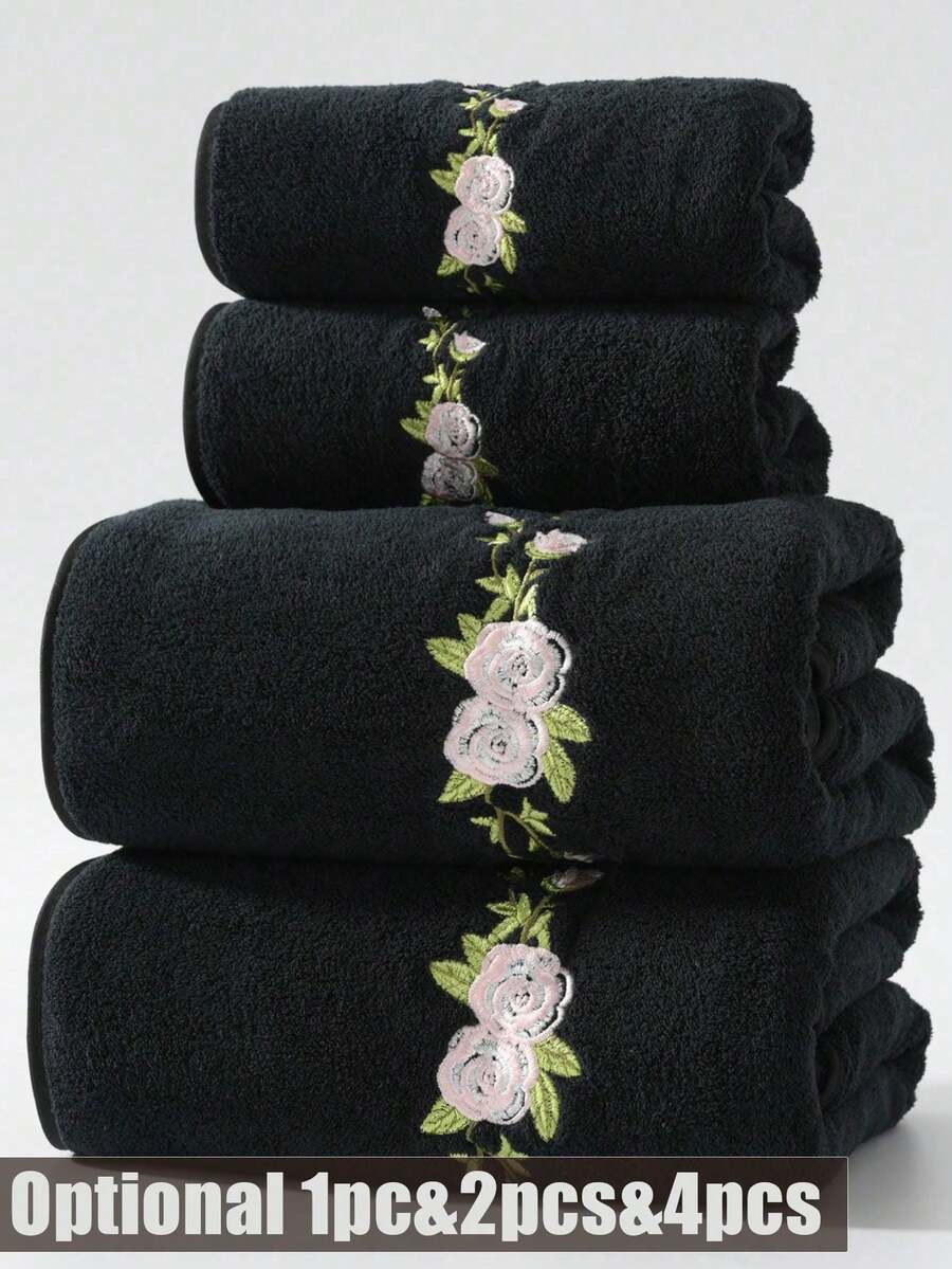 1件/2件/4件 玫瑰刺繡珊瑚絨毛巾浴巾，超柔軟、吸水、親膚、不掉毛、快乾手巾，戶外泳池毛巾、毯子、午睡毯，成人情侶居家日常用臉洗浴手巾，男女頭髮乾燥毛巾 70*140cm 浴室浴巾、34*75cm 面巾、或特大號 90*170cm 浴巾、40*80cm 毛巾 - 黑色 - 查看 1