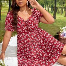 yonghongmaoyi1  VCAY Vestido corto de mujer talla grande con cuello de corazón floral negro, manga corta con cordón delantero - Verde - Ver 6