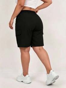 Women's Plus Size Casual Sports Cargo Shorts, Versatile Fashion Multi-Pocket Design, Elastic Waist With Drawstring Adjustment Black - Black - View 4