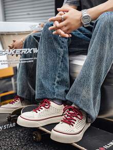 Men's Summer New Style Color-Block Mesh Thick Sole Sports Shoes, Breathable Woven Lace-Up Casual Sneakers, Thick Sole Skateboard Shoes, Versatile Daily Shoes, Breathable Lace-Up Casual Sports Shoes, Thick Sole Comfortable Shoes Suitable For Students And Daily Wear, White And Red Color-Block Thick Sole Mesh Sports Shoes, Retro Woven Lace-Up Casual Men's Shoes, Summer Breathable Versatile Fashion Sports Shoes - Mi Hong - View 8