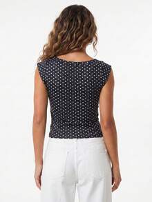 Women's Deep V Neck Tops Summer Short Cap Sleeve Dot Print Trendy Slim Fit T-shirt - Negro - Ver 6