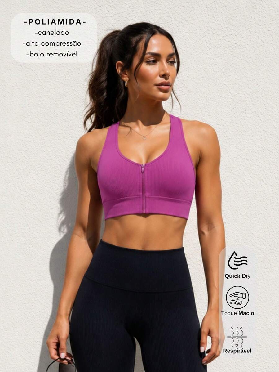 High-Compression Ribbed Top With Front Zipper And Removable Padding. - Sıcak Pembe - Görünüm 1