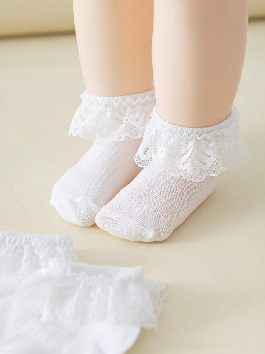 3 pares de calcetines con ribete de encaje, calcetines blancos, calcetines de estudiante, versátiles para todas las estaciones, calcetines de princesa - Blanco - Ver 1