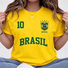 Women's T-Shirt/Blouse, 100% Cotton, Streetwear, Brazil, World Cup, Flag, Soccer - 黃色 - 查看 2