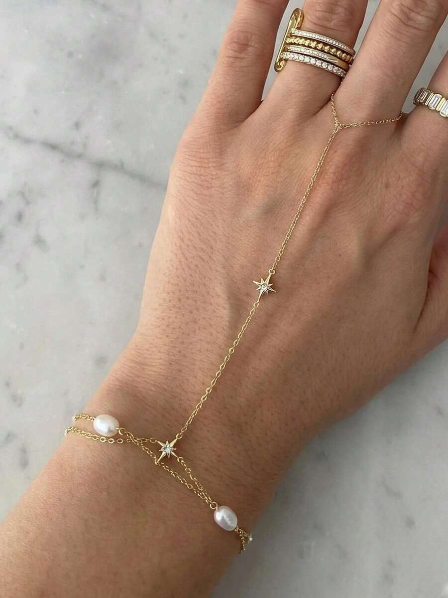outingfit 1pc 8-Point Star Rhinestone Embellished Finger Chain Bracelet, Multi-Layer Star & Pearl Decor Hand Chain For Women, Fashion Daily Minimalist Chain Bracelet - Gold - View 1
