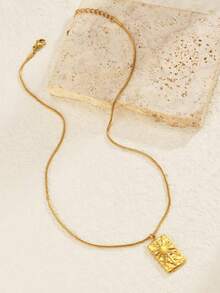 1pc Stainless Steel 18K Gold Plated Square Star & Sun Pendant Necklace, Elegant Minimalist Clavicle Chain For Women, Vacation Style - Yellow Gold - View 2
