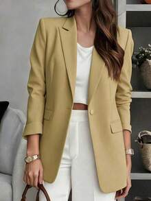 Áo blazer nữ màu trơn ve áo notch có túi - Áo khoác công sở tay dài cài nút trước, trang phục mặc ngoài phong cách công sở thường ngày, phù hợp cho đi làm, ở nhà, mùa xuân, mùa thu, mùa đông, mùa hè - Màu Mù tạt vàng - Xem 3