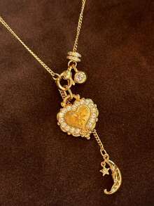 1pc Medieval Love Running Ring & Moon Necklace, Luxury Sparkling Diamond Necklace - Heart Running Ring Crescent Necklace - View 2