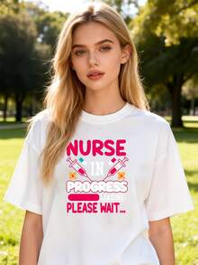 Women's Pure Cotton Short Sleeve T-Shirt Nurse In Progress Print Casual Round Neck Loose Fit Daily Wear Tee - White - View 6