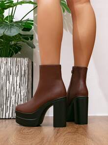 Botas de moda para mujer Otoño/Invierno Nuevo estilo con hebilla única Botas estilo británico Botines Tacón grueso Versátil Tacón alto Suela gruesa Zapatos para mujer - Marrón - Ver 4