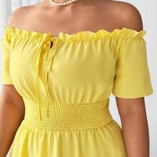 xuehuamaoyi02  Vestido corto de manga corta con hombros descubiertos y cintura elástica con empalme, elegante y de talla grande para primavera/verano - Amarillo - Ver 7
