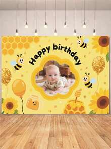 1 buah Latar Belakang Foto Tema Lebah yang Dapat Disesuaikan untuk Ulang Tahun, Balon Payet Emas, Sarang Lebah, Bunga Matahari Madu, Pola Kartun, Cocok untuk Foto Ulang Tahun yang Dipersonalisasi, Hadiah Pesta, Dekorasi Latar Belakang Pesta, Spanduk Fotografi Bahan Vinyl - Tipe C - View 2